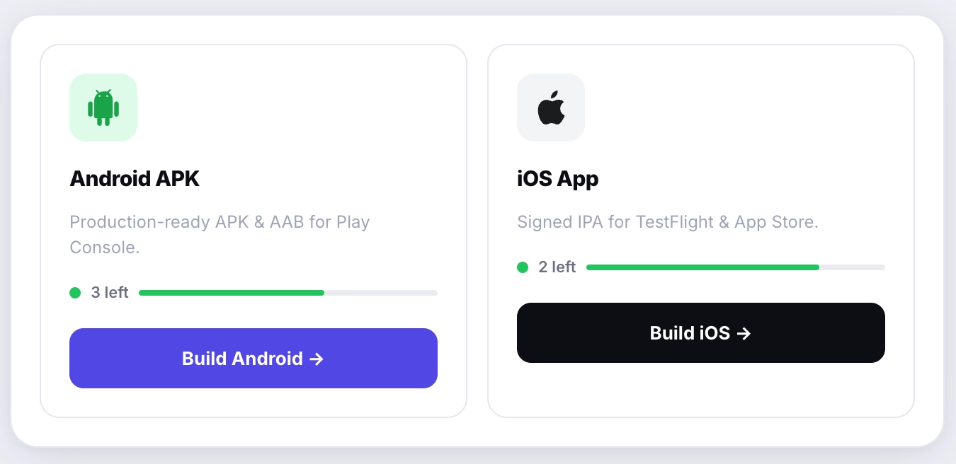 Build step — Glideep compiles signed native iOS and Android apps from a single configuration