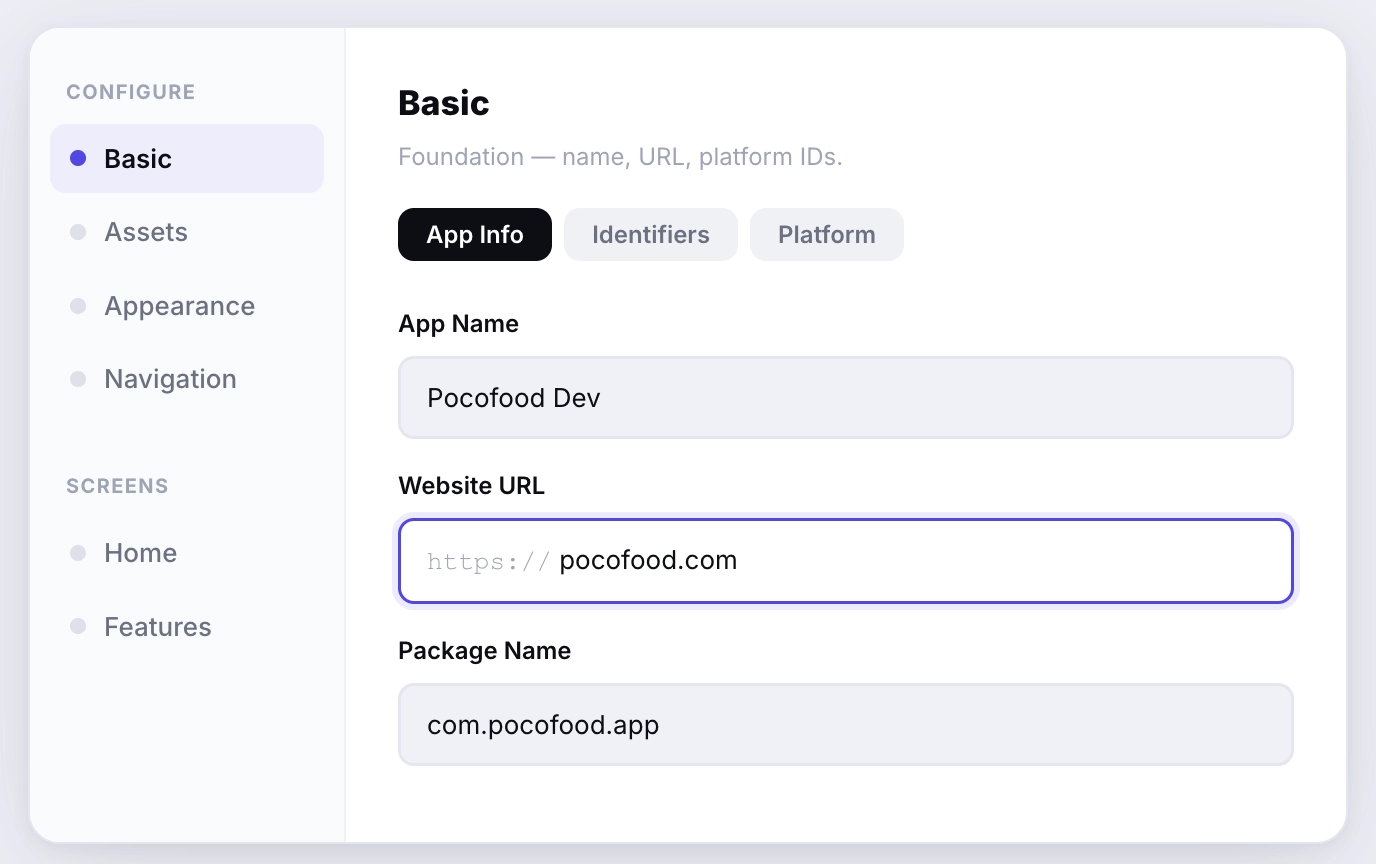 Configure your app in the Glideep editor — set the app name, website URL, package ID and brand colors