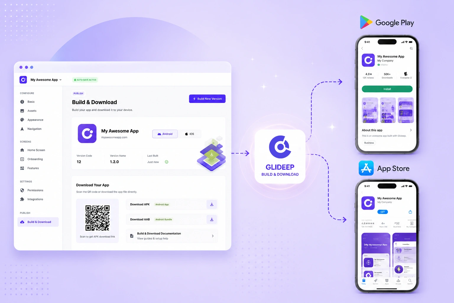 Ship screen — publish to App Store and Google Play or download signed IPA and AAB